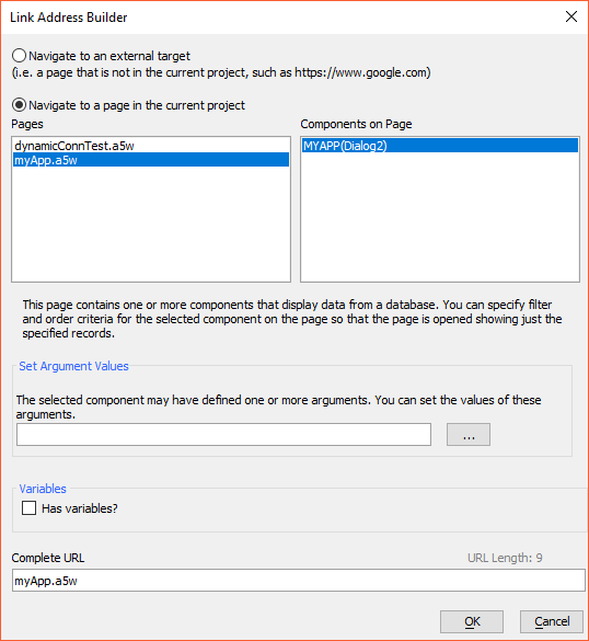 The Link Address Builder is used to configure options for the embedded A5W page